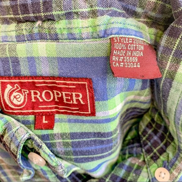 Roper Men’s Western Green & Blue Plaid Button Up Shirt Size Large - Picture 3 of 9